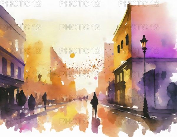 AI generated image showing a vivid illuminated town street including some pedestrians, watercolor