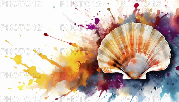 Symbolic theme showing a great scallop shell in multicolored vibrant splashy ambiance. AI generated