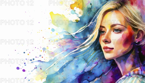 AI generated image showing the portrait of a young woman in colorful ambiance, watercolor style