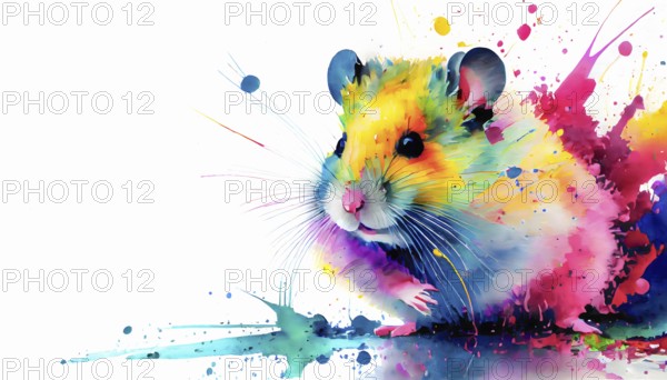 Pet and animal theme showing a hamster in multicolored vibrant splashy ambiance. AI generated image