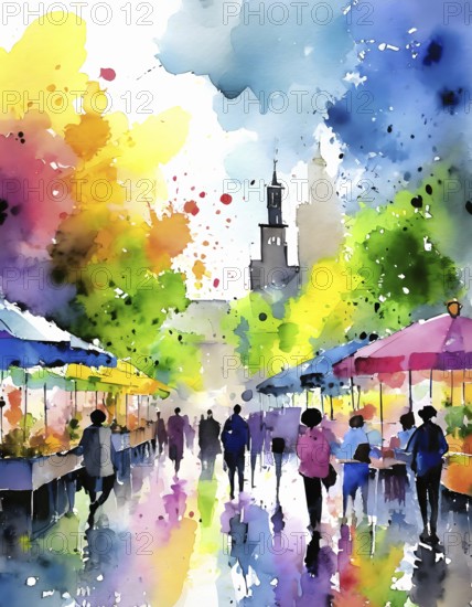 AI generated lifestyle theme showing an urban street market scenery with lots of people in