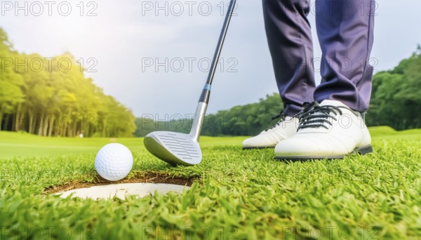 AI generated image showing a golf ball and golf club closeup near hole on a course in sunny