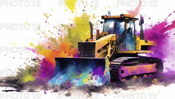 Construction theme showing a bulldozer in multicolored vibrant splashy ambiance. AI generated image