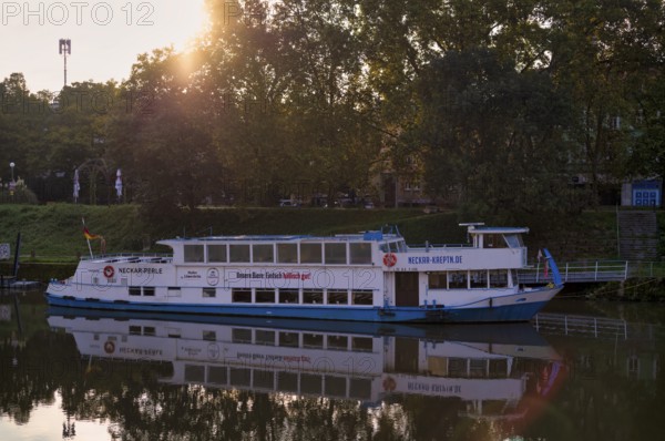 Passenger ship Neckar-Perle anchored after an accident, Neckar Bad Cannstatt, Stuttgart,