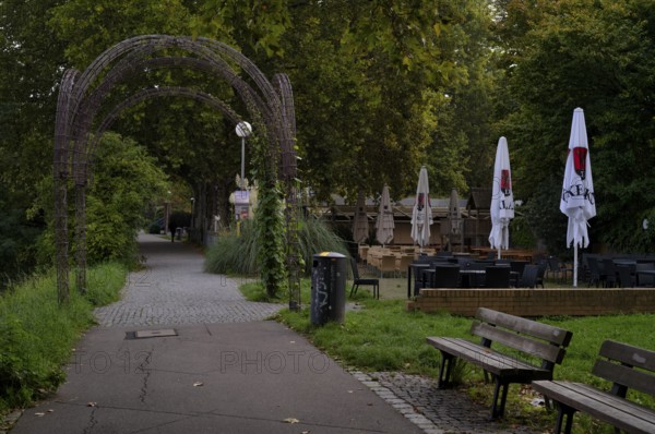 Beer garden on the Neckar, Neckar beer garden, empty, closed, Dinkelacker logo, Bad Cannstatt,