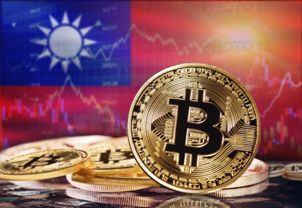 Bitcoin with Taiwan flag in the background. Investors in cryptocurrency and Blockchain Technology