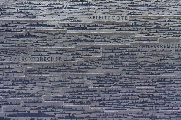 Large number of ship silhouettes on grey metal plate with German texts on ship types, naval