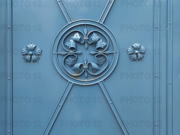 Decorations on a blue metal gate, iron gate, Southern Palatinate, Palatinate, Rhineland-Palatinate,
