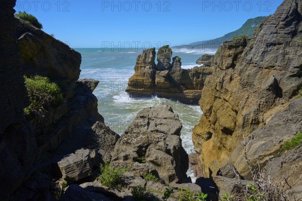 Coastline with steep cliffs and dense vegetation in the distance, Pancake Rocks, Westport,