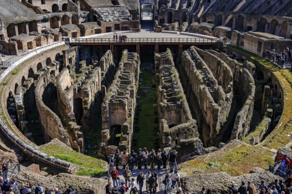 View of uncovered hypogeum substructure of Arena of Colosseum from the time of Emperor Domitian, at