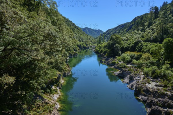 Clear river between wooded hills, tranquil mountain landscape, Buller River, Murchison, Tasman,