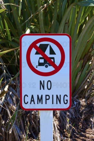Sign prohibiting camping in a natural environment, West Coast, South Island, New Zealand