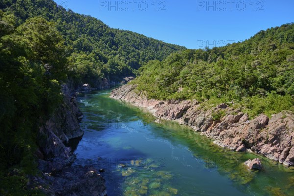 River flows through rocky gorge, surrounded by green nature, Buller River, Murchison, Tasman, South