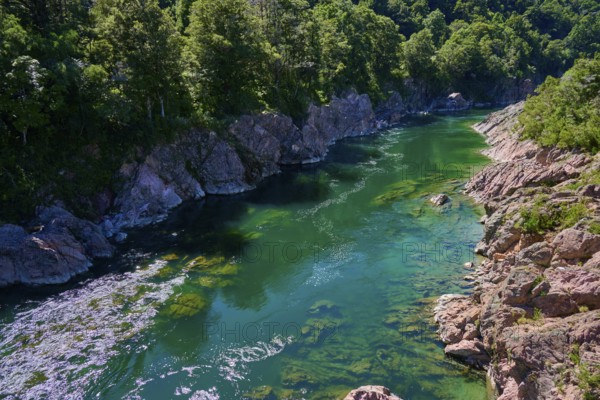 Emerald green river surrounded by rocks and dense forest, Buller River, Murchison, Tasman, South