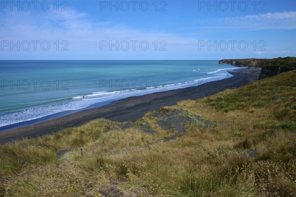 View of black sand beach with gentle waves, grassy coastline under clear sky, Mana Bay, Riverview