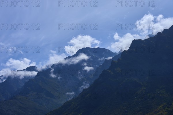 Landscape with dramatic mountain range under blue sky, Drift Bay, Lake Wakatipu, Queenstown-Lakes