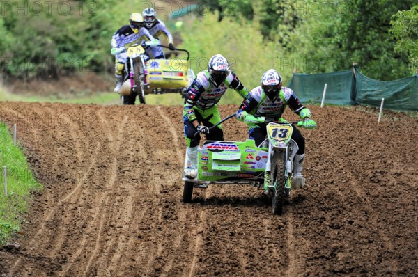 Motocross, Rudersberg, Baden-Württemberg, Germany, Europe, Rider team in a fast sidecar race on a
