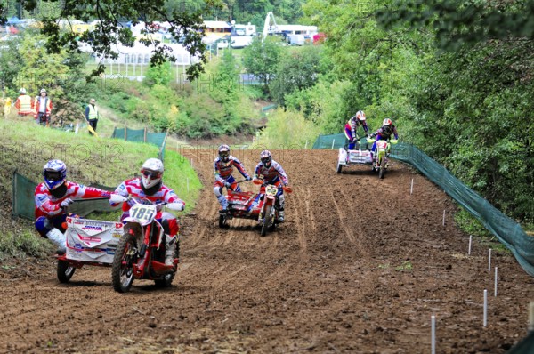 Motocross, Rudersberg, Baden-Württemberg, Germany, Europe, Several sidecar motorbikes in a race on