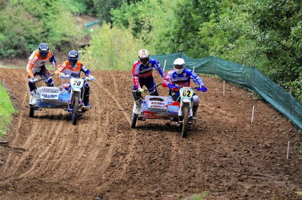 Motocross, Rudersberg, Baden-Württemberg, Germany, Europe, Two sidecar motorbikes in close