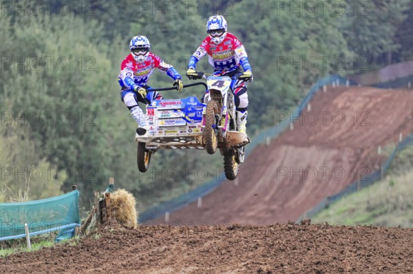 Motocross, Rudersberg, Baden-Württemberg, Germany, Europe, Motocross team with sidecar jumps over a