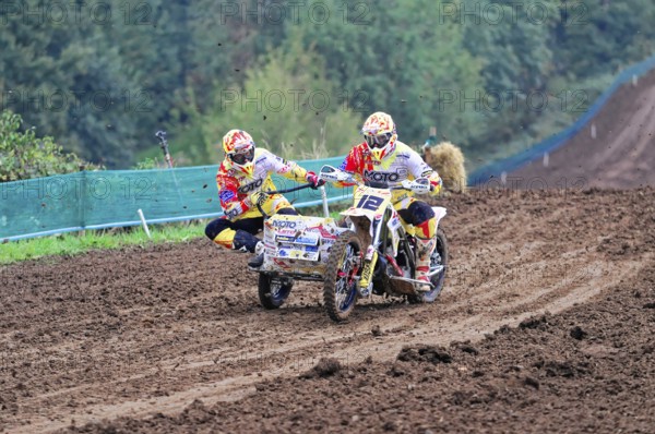 Motocross, Rudersberg, Baden-Württemberg, Germany, Europe, Motocross rider with sidecar at full