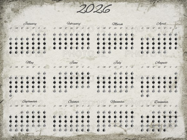 Lunar Phases Calendar, Full Year 2026 Daily Moon Phase, Old Paper