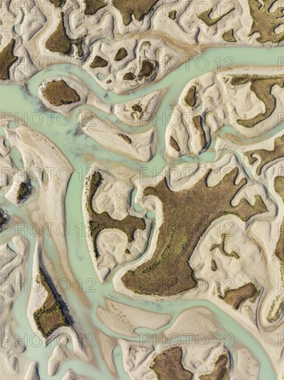 Network of channels and streams at low tide. In the marshland of the Bahía de Cádiz Nature Reserve.