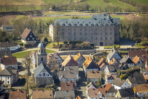 Aerial view, Rhoden in Diemelsee in Hesse, historic town centre with Rhoden Castle, transitional
