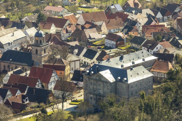 Aerial view, Rhoden in Diemelsee in Hesse, historic town centre with Rhoden Castle, transitional
