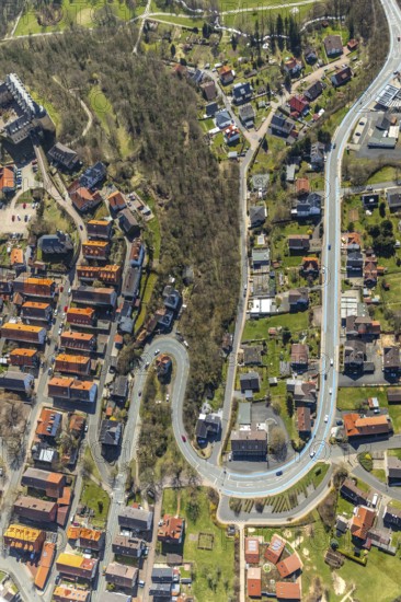 Aerial view, Altwildungen with hairpin bends on the municipal road Friedrich-Ebert-Straße,