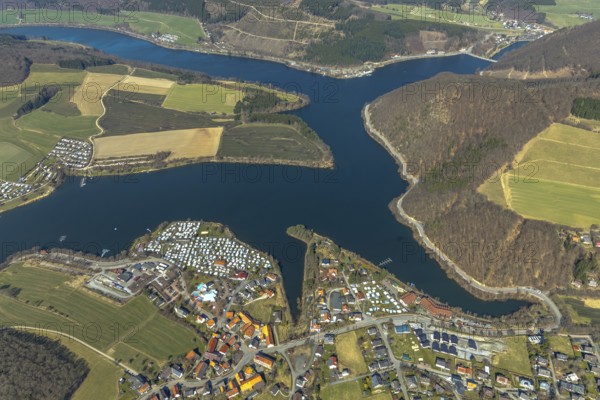 Aerial view, Heringhausen with reservoir, dam wall, hydroelectric power station and equalising