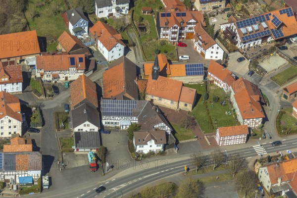 Aerial view, Giflitz in Edertal with village church, district Waldeck-Frankenberg in North Hesse,