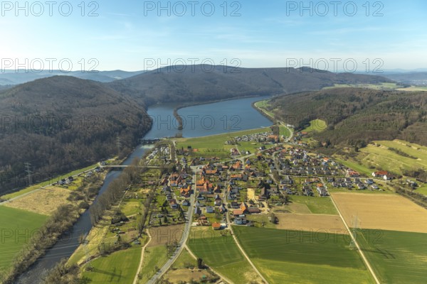 Aerial view, Affolderner See and village Affoldern in Edertal, district Waldeck-Frankenberg in