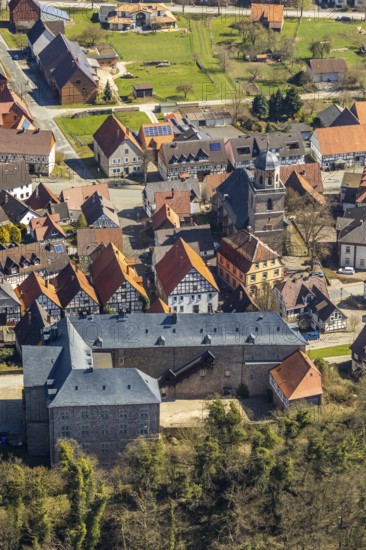 Aerial view, Rhoden in Diemelsee in Hesse, historic town centre with Rhoden Castle, transitional