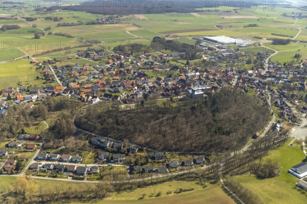 Aerial view, Rhoden in Diemelsee in Hesse, historic town centre with Rhoden Castle, transitional