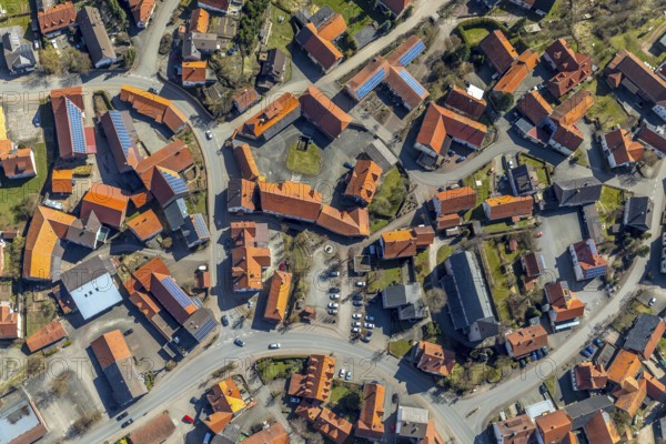 Aerial view, Adorf in Diemelsee in Hesse, town centre with courtyard domain, Romanesque basilica St