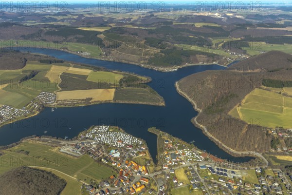 Aerial view, Heringhausen with reservoir, dam wall, hydroelectric power station and equalising