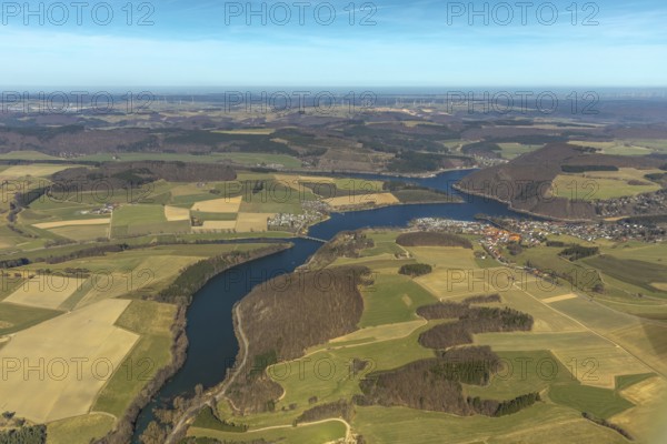 Aerial view, Heringhausen with reservoir, dam wall, hydroelectric power station and equalising