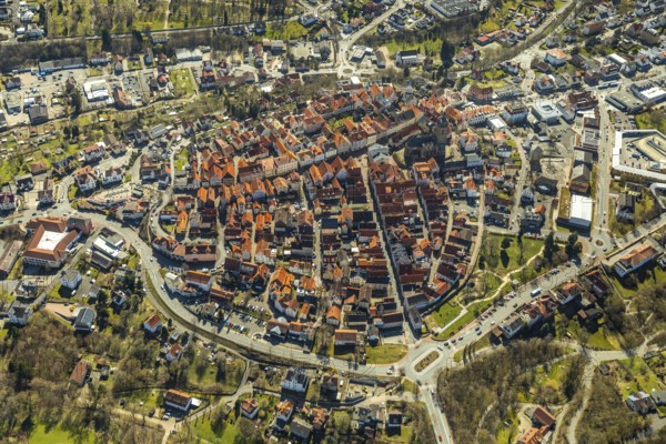 Aerial view, town centre of Wildungen with Protestant church on the town hill, in Bad Wildungen in