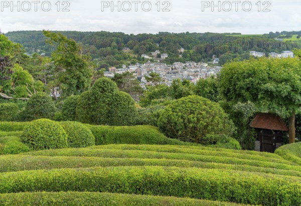 Idyllic garden scenery with green trees, bushes and hedges at summer time seen around Etretat in