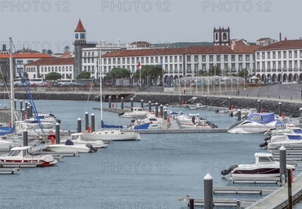 City view with harbor at Ponta Delgada, capital city of the Azores at Sao Miguel Island, the