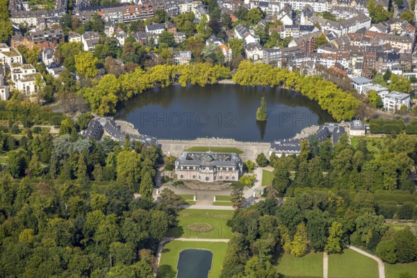 Aerial view, Benrath Castle with castle park and castle pond, Benrath, Düsseldorf, Ruhr area, North