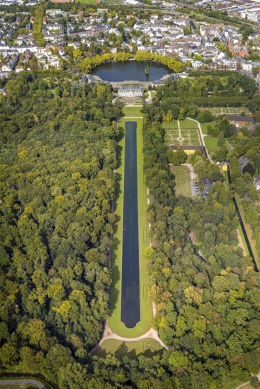 Aerial view, Benrath Castle with castle park and castle pond, Benrath, Düsseldorf, Ruhr area, North