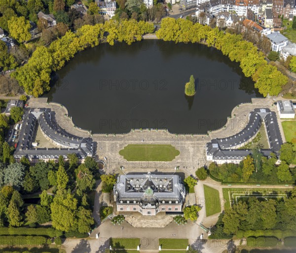 Aerial view, Benrath Castle with castle park and castle pond, Benrath, Düsseldorf, Ruhr area, North