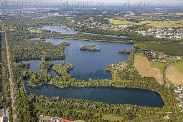 Aerial view, Elbsee, Unterbacher See and Menzelsee, railway line, Unterbach, Düsseldorf, Ruhr area,