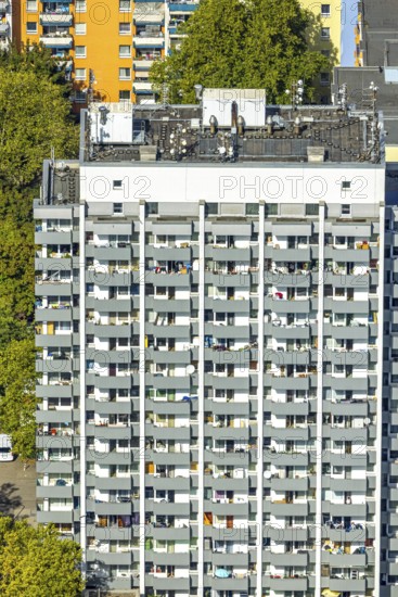 Aerial view, high-rise housing estate Fürstenberger Straße, balconies, shapes and colours, Hassels,