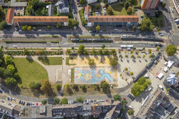 Aerial view, playground Kamper Acker, tram stop, Holthausen, Düsseldorf, Ruhr area, North
