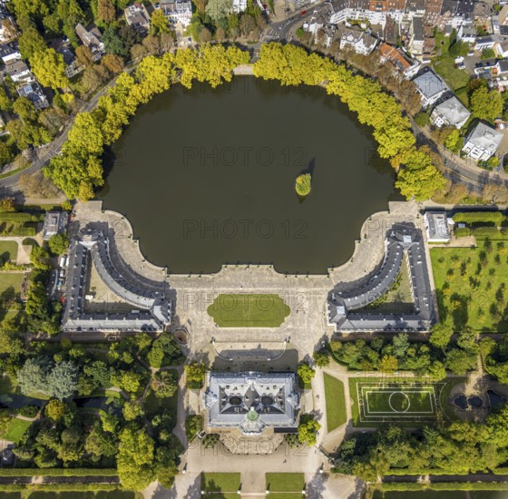 Aerial view, Benrath Castle with castle park and castle pond, Benrath, Düsseldorf, Ruhr area, North