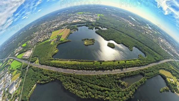 Aerial photo, Elbsee and Unterbacher See with forest area, motorway A46 at Hasseler Forst, earth