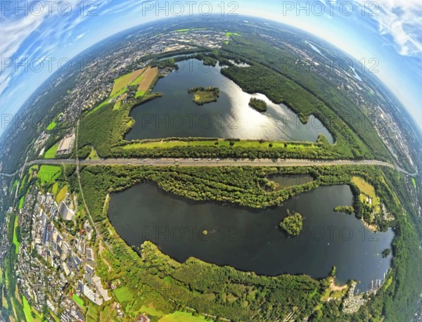Aerial photo, Elbsee and Unterbacher See with forest area, motorway A46 at Hasseler Forst, earth